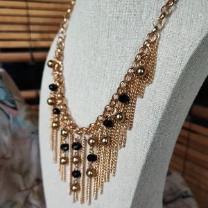 Gold Tone Chain Black Glass Faceted Bead Statement Necklace EUC Fashion Jewel